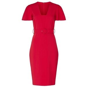 Badgley Mishka Red Flutter Sleeve Belted Lined Chic Classic Midi Sheath Dress 6